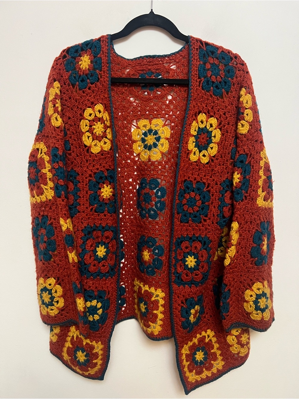 Boho Crochet Granny Square Cardigan Open Front Handmade Style M - Picture 2 of 9